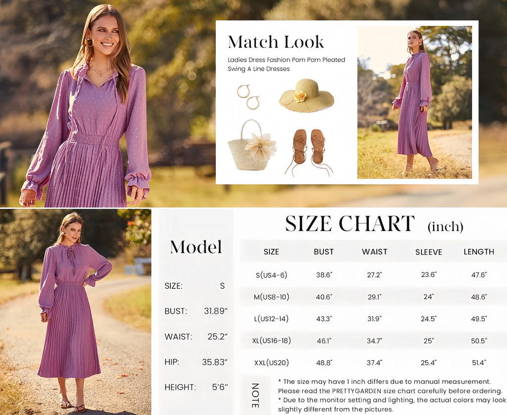 Women'S Spring Fall Midi Dress Casual Long Sleeve V Neck Swiss Dot Pleated a Line Flowy Dresses