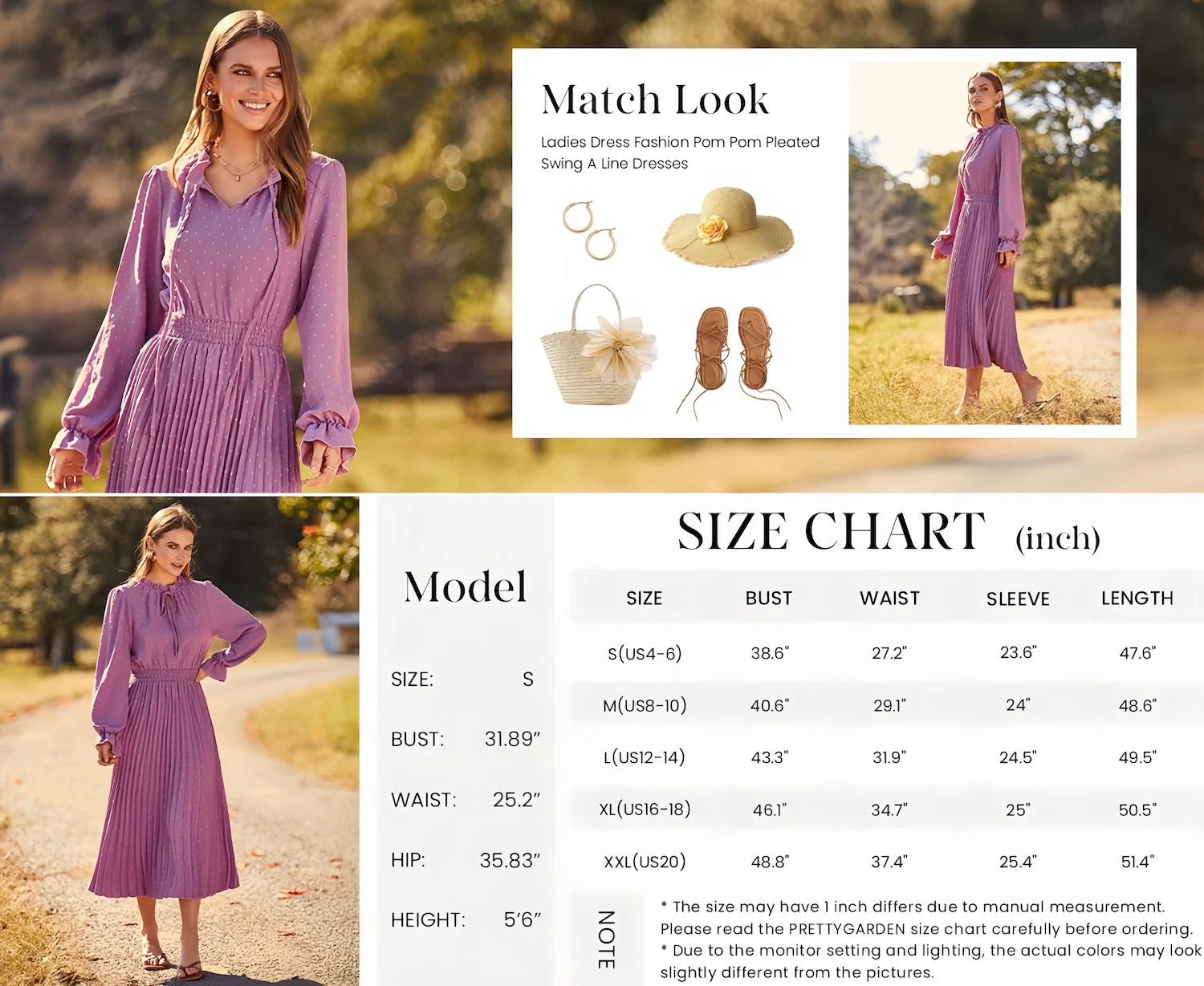 Women'S Spring Fall Midi Dress Casual Long Sleeve V Neck Swiss Dot Pleated a Line Flowy Dresses