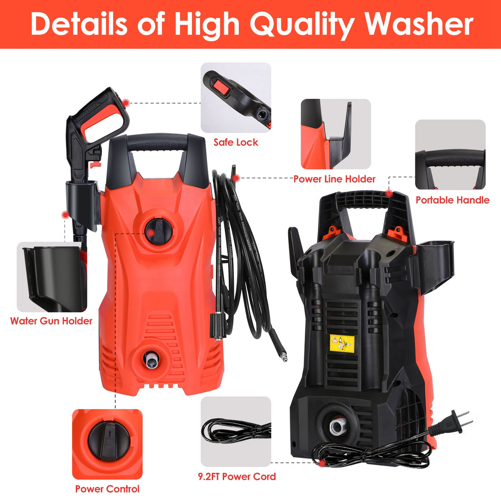 1Pc Electric High Pressure Washer 1740PSI  Powerful Car Washer Pressure Cleaner With Adjustable Spray
 Nozzle Soap Dispenser IPX5 Waterproof For Patio Garden Driveway