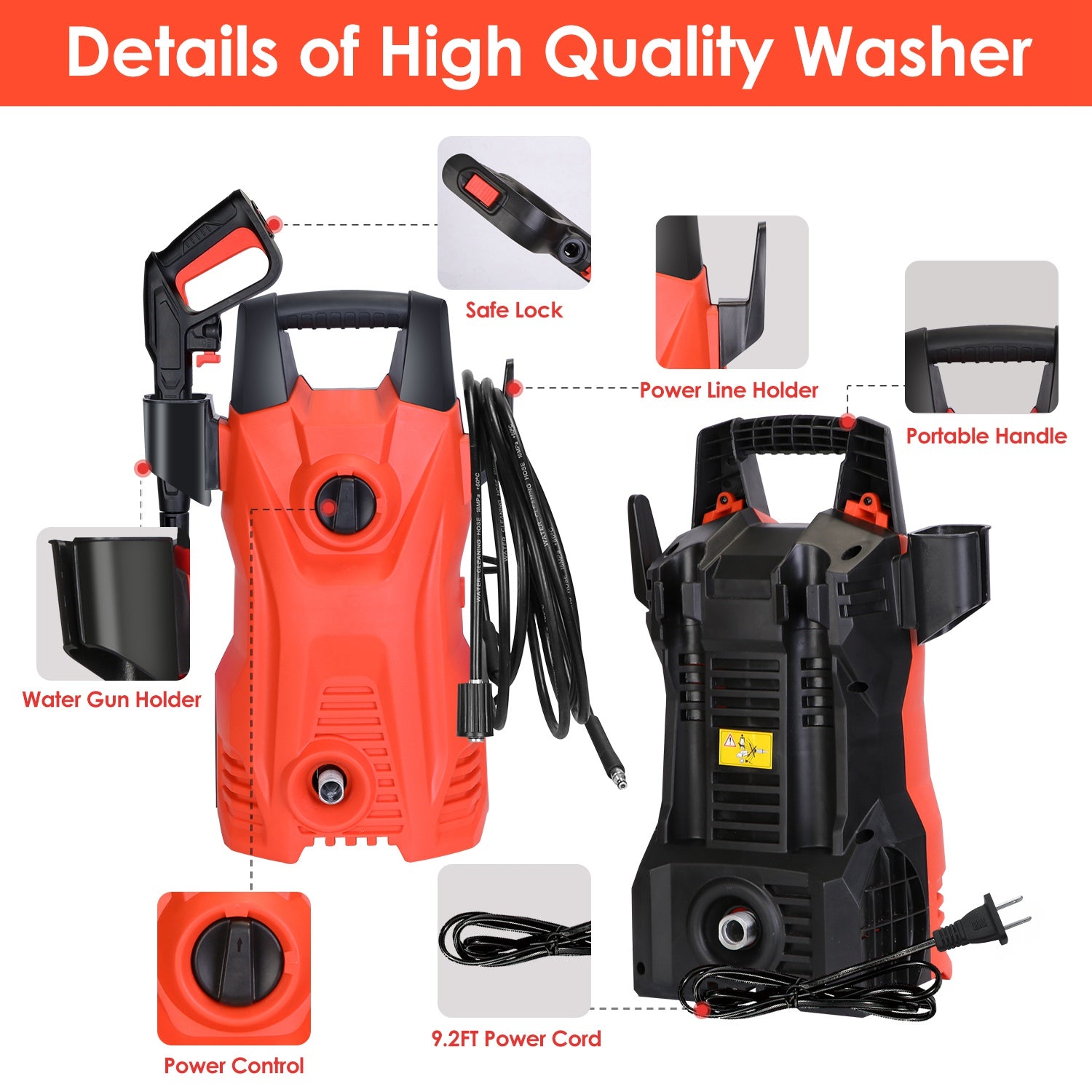 1Pc Electric High Pressure Washer 1740PSI  Powerful Car Washer Pressure Cleaner With Adjustable Spray
 Nozzle Soap Dispenser IPX5 Waterproof For Patio Garden Driveway
