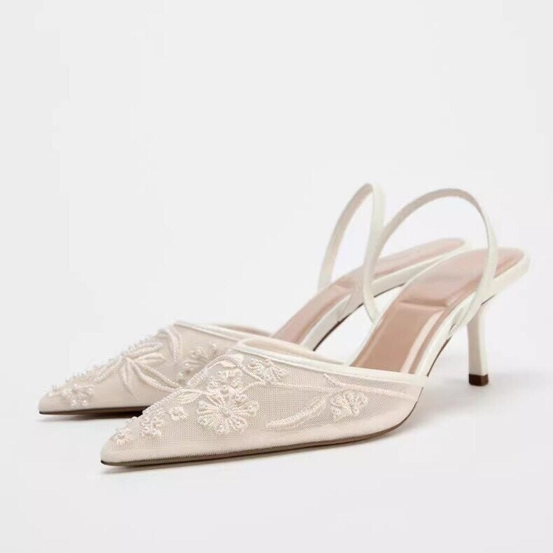 Women's Rear Strap Embroidered Mesh High Heels