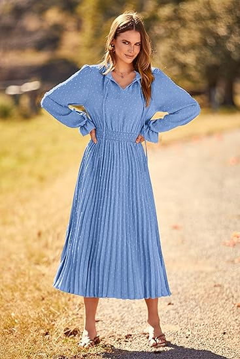 Women'S Spring Fall Midi Dress Casual Long Sleeve V Neck Swiss Dot Pleated a Line Flowy Dresses