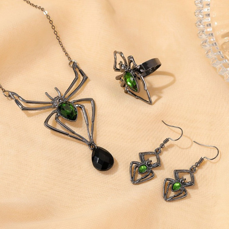 3pcs Halloween Drop-shaped Spider Necklace Set With Earrings Ring Vintage Necklace Pendant