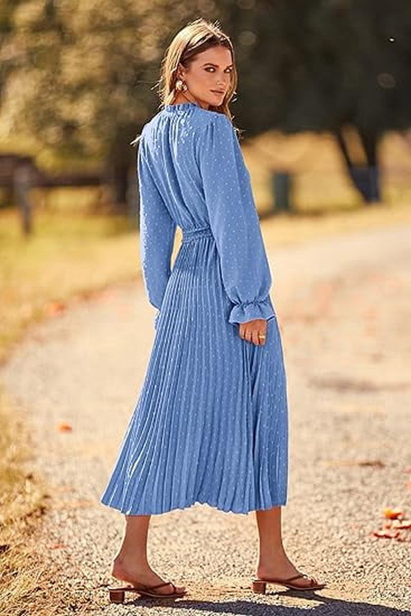 Women'S Spring Fall Midi Dress Casual Long Sleeve V Neck Swiss Dot Pleated a Line Flowy Dresses