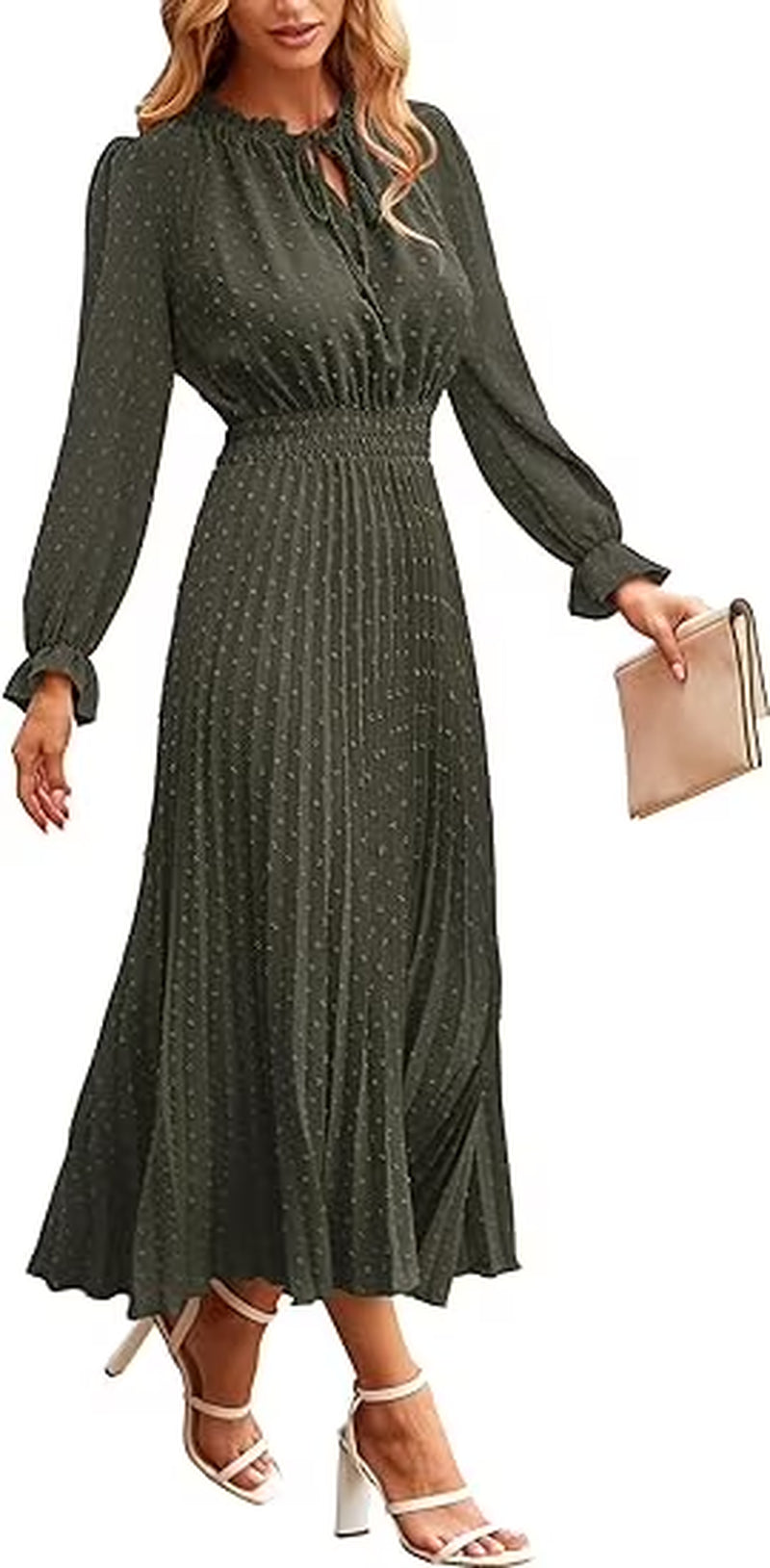 Women'S Spring Fall Midi Dress Casual Long Sleeve V Neck Swiss Dot Pleated a Line Flowy Dresses