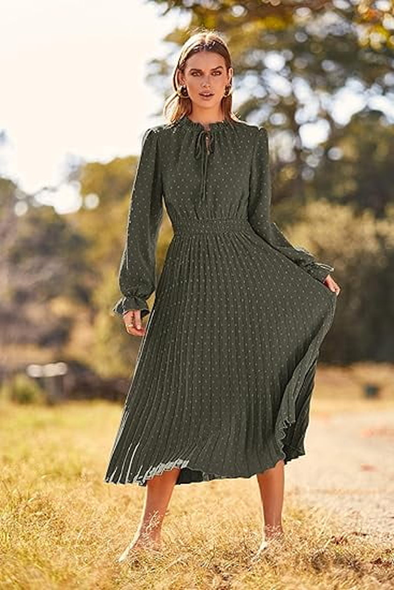 Women'S Spring Fall Midi Dress Casual Long Sleeve V Neck Swiss Dot Pleated a Line Flowy Dresses