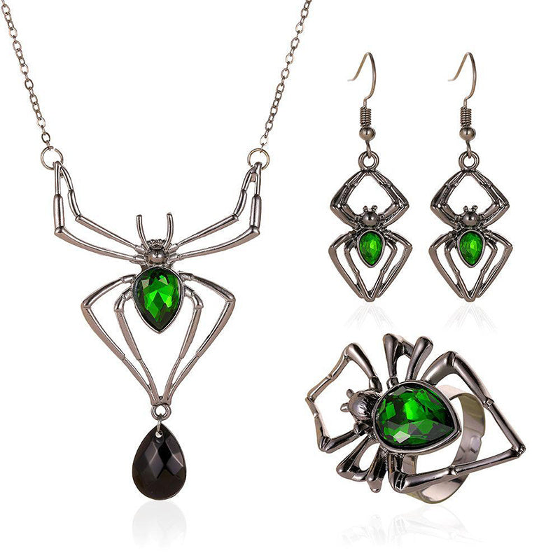 3pcs Halloween Drop-shaped Spider Necklace Set With Earrings Ring Vintage Necklace Pendant