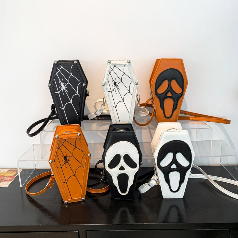 Halloween Coffin-shape Gothic Ghost Shoulder Bag Spider Web Messenger Crossbody Bag Kids Personality Phone Bag For Women