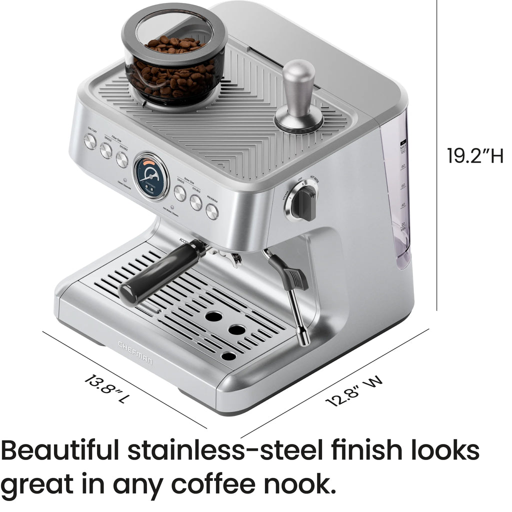Crema Supreme Espresso Machine with Conical Burr Grinder and Steam Wand – Stainless Steel, New