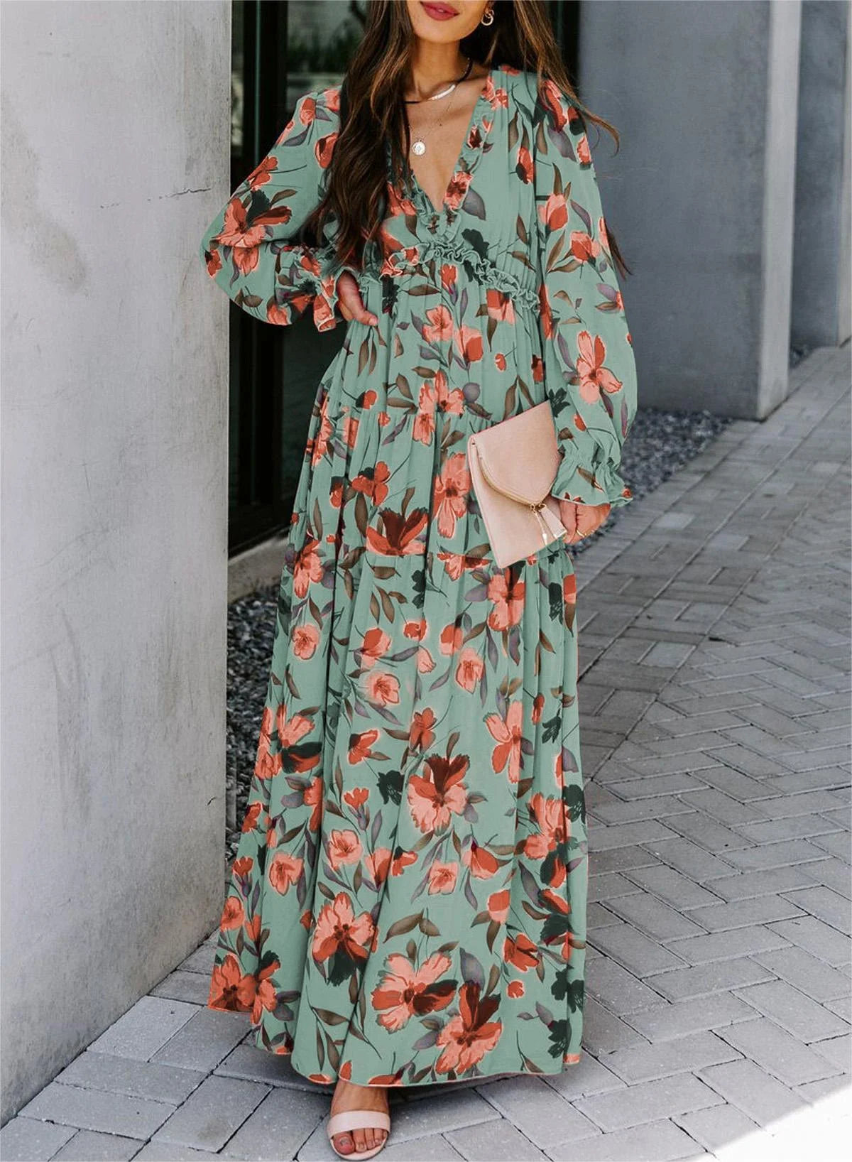 Women'S Green Bridesmaid Maxi Dresses Fashion Floral Printed Long Sleeve Guests Dresses Spring Dress Fall Dress Easter Dress for Women, US 16-18(XL)