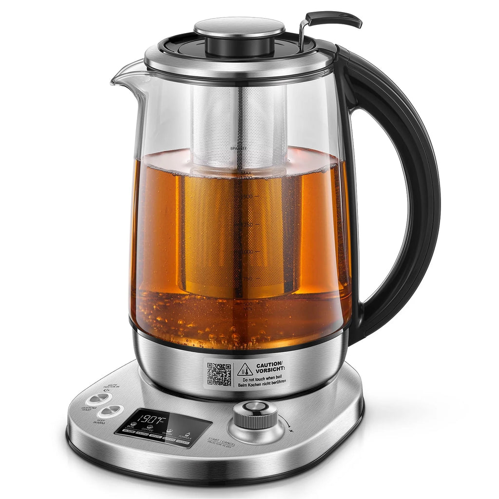 Electric Tea Kettle, Electric Kettle Temperature Control with 9 Presets, 2Hr Keep Warm, Removable Tea Infuser,Silver Stainless Steel Glass Boiler, BPA Free, 1.7L