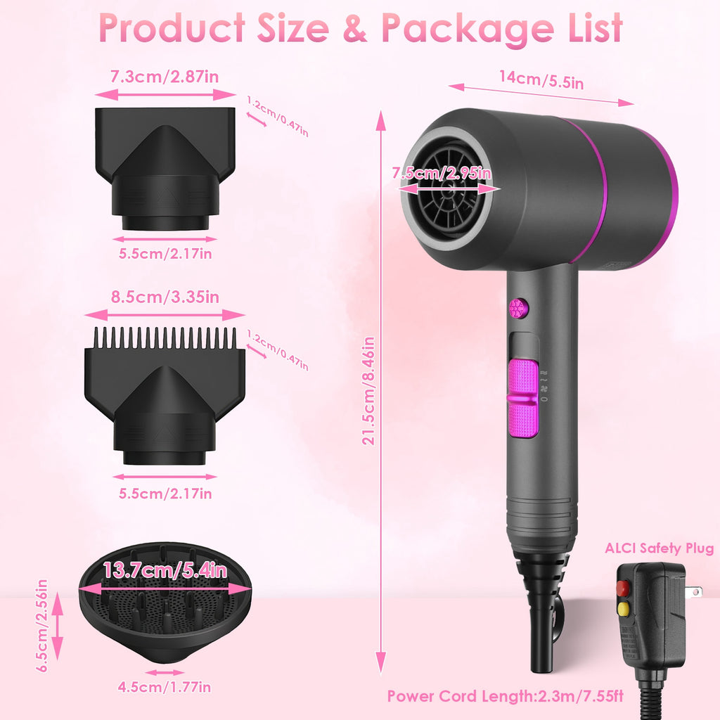 1Pc 1800W Hair Dryer Portable Compact Hair Blow Dryer With Cool Warm Hot Wind With Diffuser Concentrator Comb Nozzle ALCI Plug Overheat Protection For Women Man Straight Curly Hair