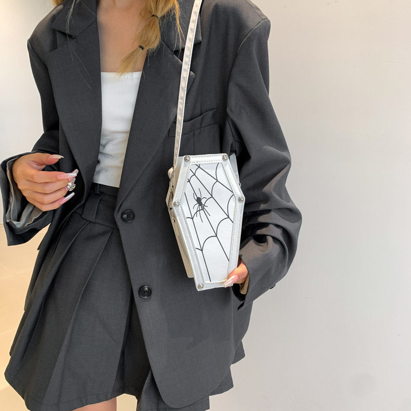 Halloween Coffin-shape Gothic Ghost Shoulder Bag Spider Web Messenger Crossbody Bag Kids Personality Phone Bag For Women