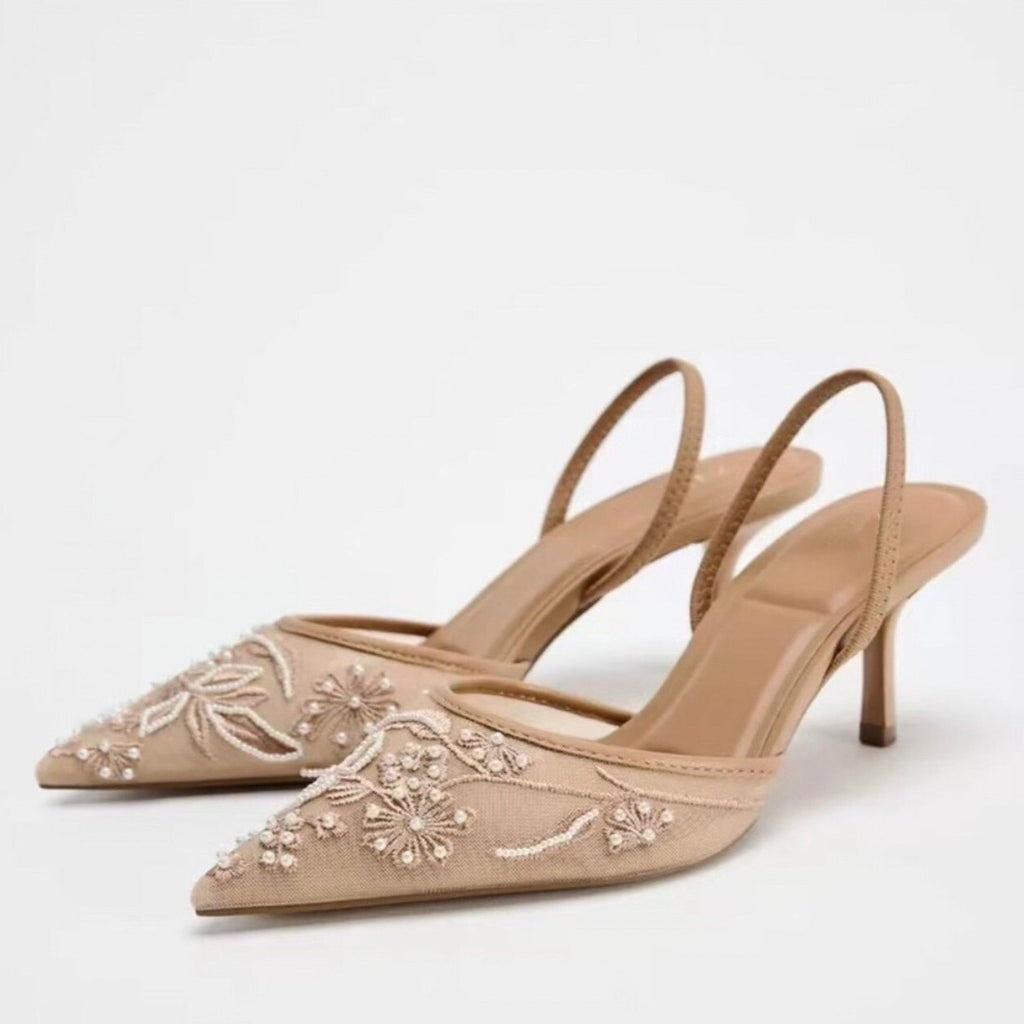 Women's Rear Strap Embroidered Mesh High Heels