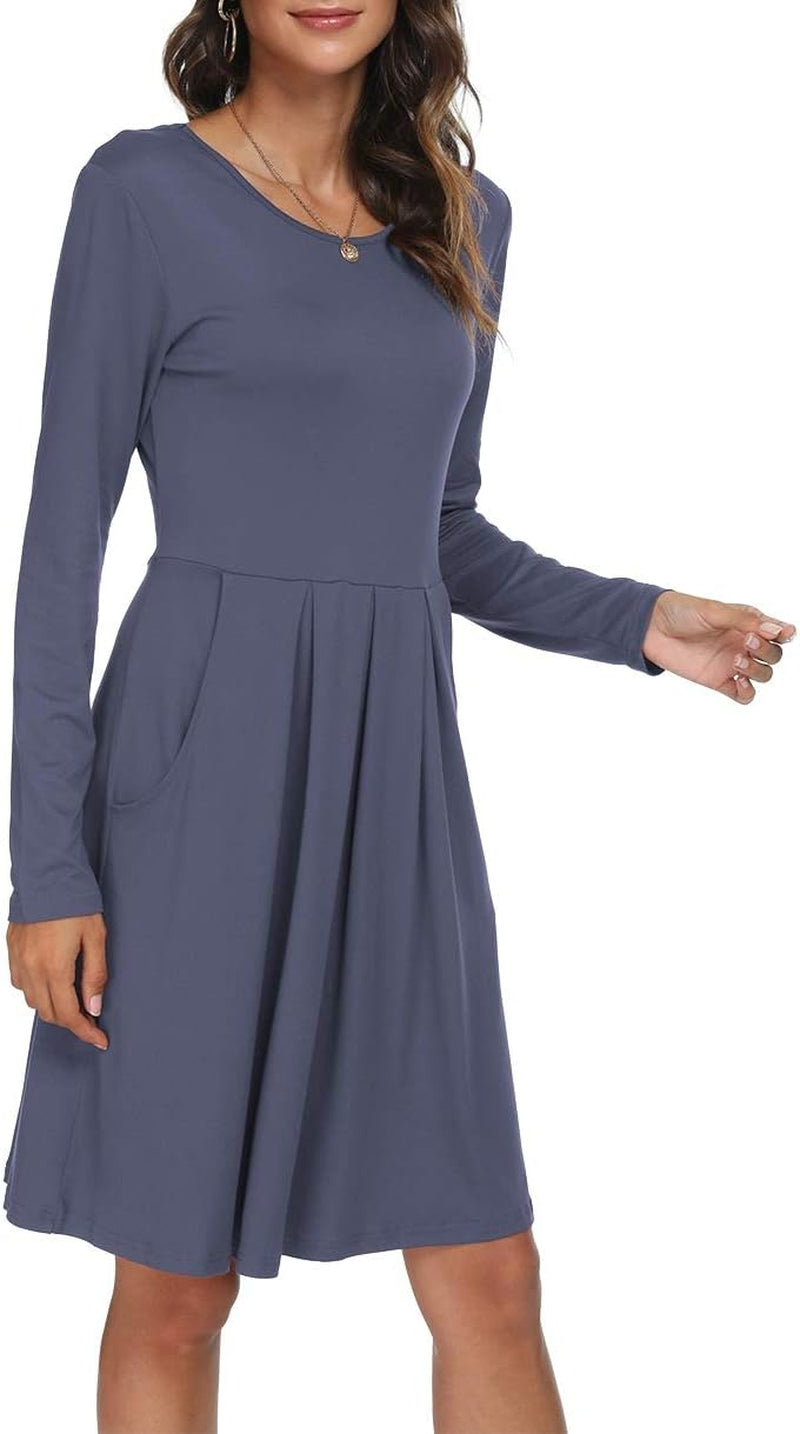 Women'S Casual Long Sleeve Flowy Pleated Fall Dresses with Pockets