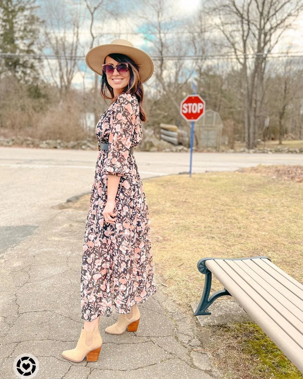 Ladies Black Boho Floral Maxi Dress Flowy Ruffle Trim Long Sleeve Fall Dresses Casual Dressy V Neck Empire Waist Party Cocktail Dress, US 12-14(L)