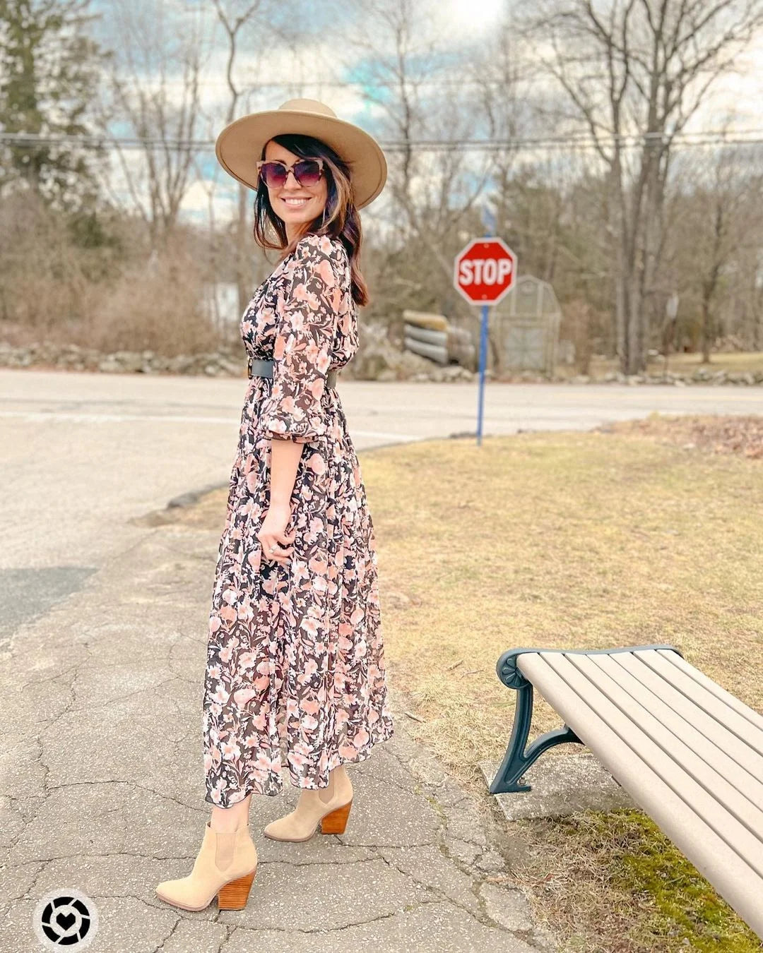 Ladies Black Boho Floral Maxi Dress Flowy Ruffle Trim Long Sleeve Fall Dresses Casual Dressy V Neck Empire Waist Party Cocktail Dress, US 12-14(L)