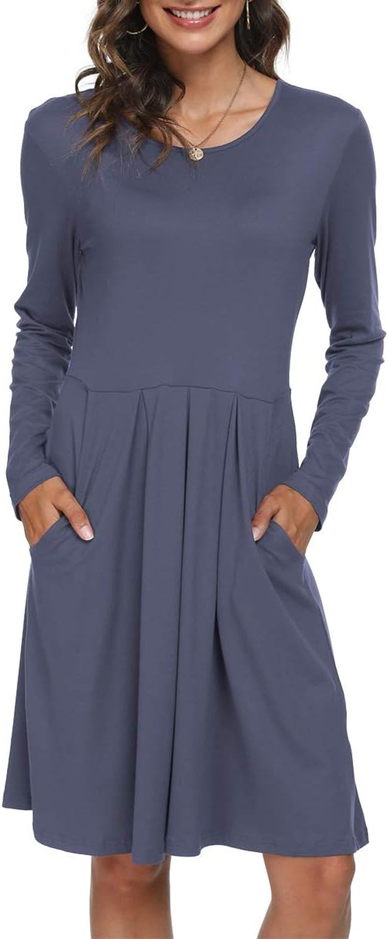 Women'S Casual Long Sleeve Flowy Pleated Fall Dresses with Pockets