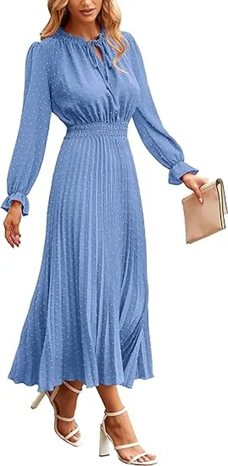 Women'S Spring Fall Midi Dress Casual Long Sleeve V Neck Swiss Dot Pleated a Line Flowy Dresses