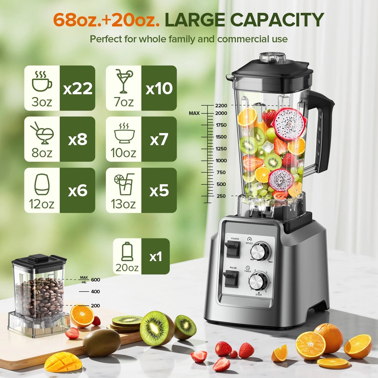 Blender for Smoothies, 2-In-1 Blender & Grinder Combo, Smoothie Maker, 68 Oz Pitcher, Bpa-Free Countertop Blenders for Ice Crushing, Frozen Fruit, 1800 Watts