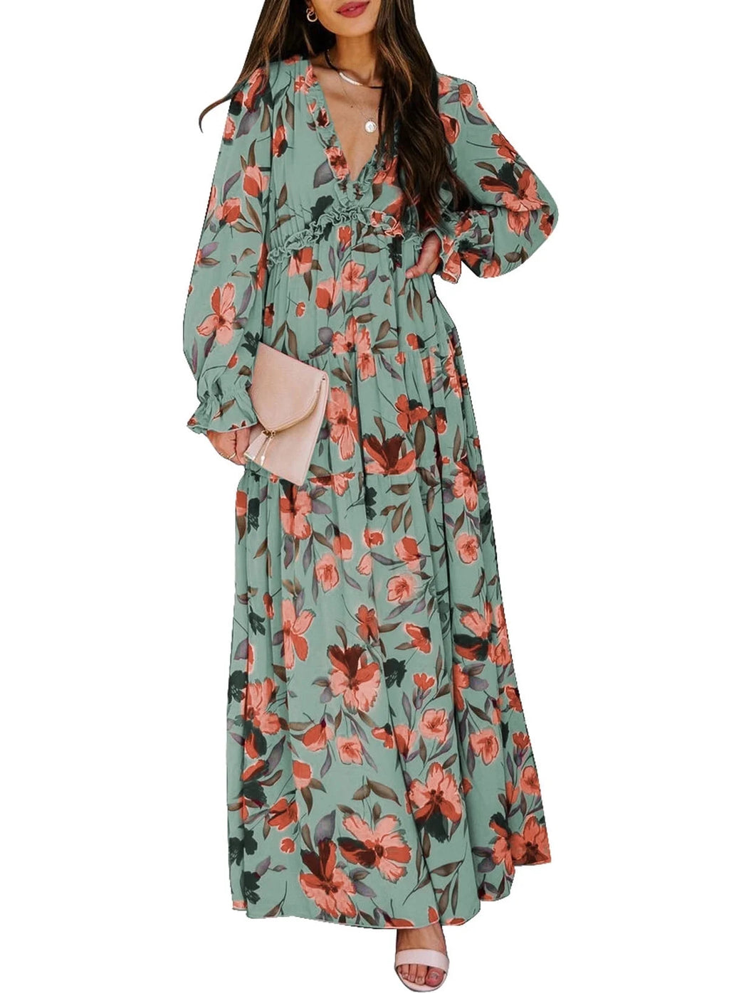 Women'S Green Bridesmaid Maxi Dresses Fashion Floral Printed Long Sleeve Guests Dresses Spring Dress Fall Dress Easter Dress for Women, US 16-18(XL)