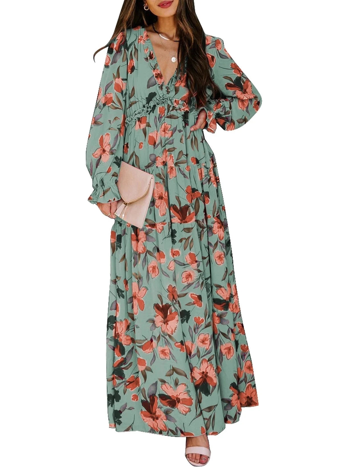 Women'S Green Bridesmaid Maxi Dresses Fashion Floral Printed Long Sleeve Guests Dresses Spring Dress Fall Dress Easter Dress for Women, US 16-18(XL)
