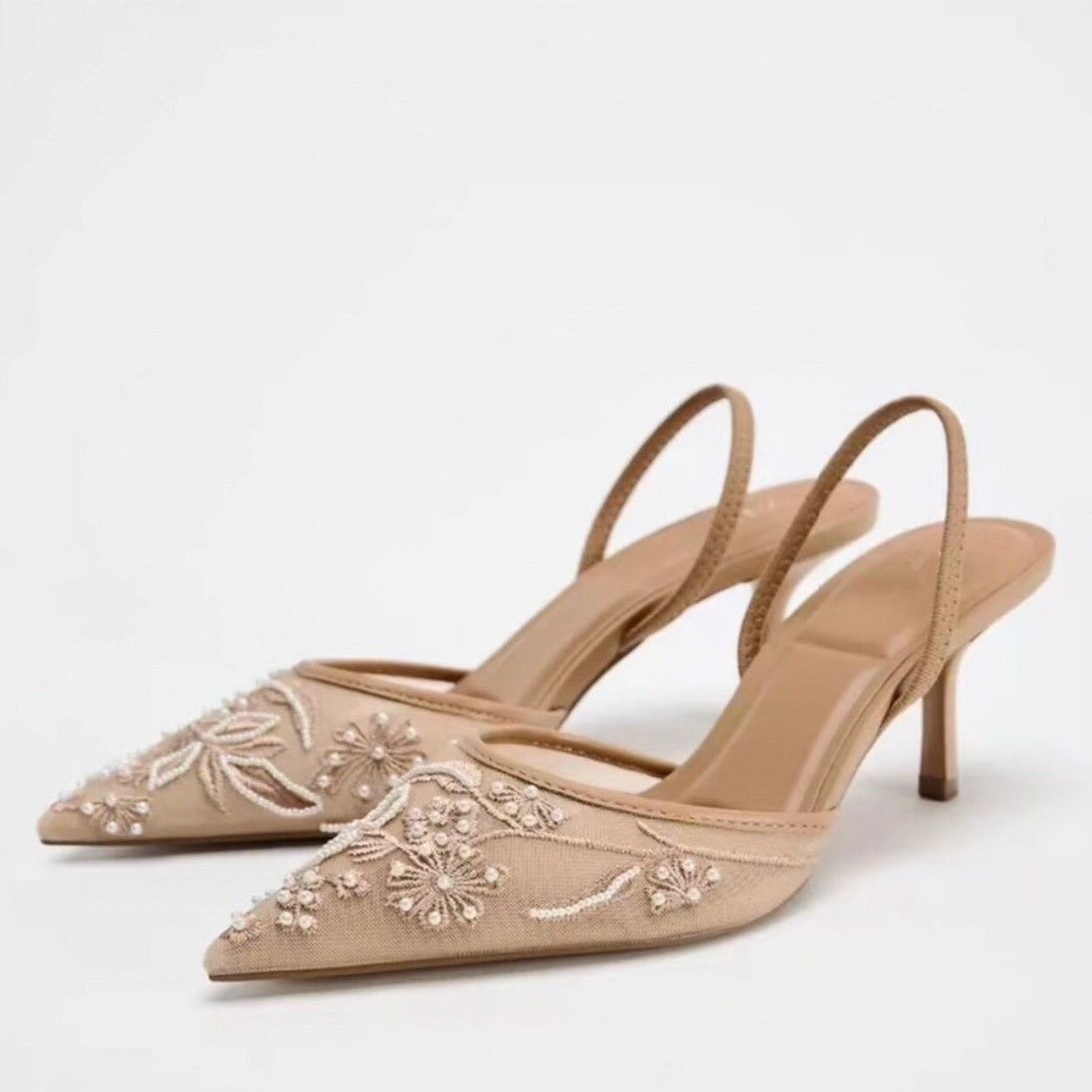 Women's Rear Strap Embroidered Mesh High Heels