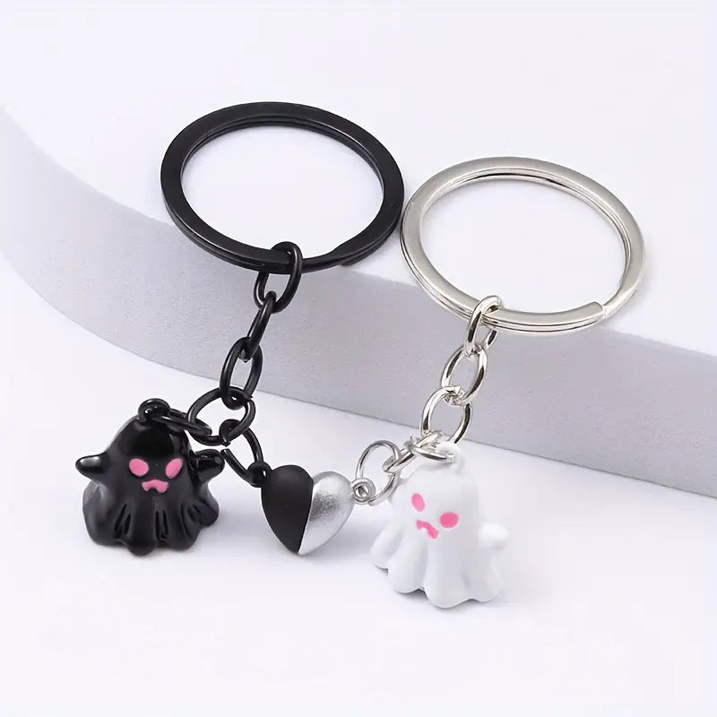 Black Ghost Cartoon Key Button Halloween Key Ring Bag Accessories