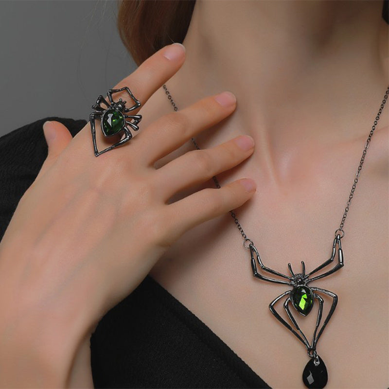 3pcs Halloween Drop-shaped Spider Necklace Set With Earrings Ring Vintage Necklace Pendant
