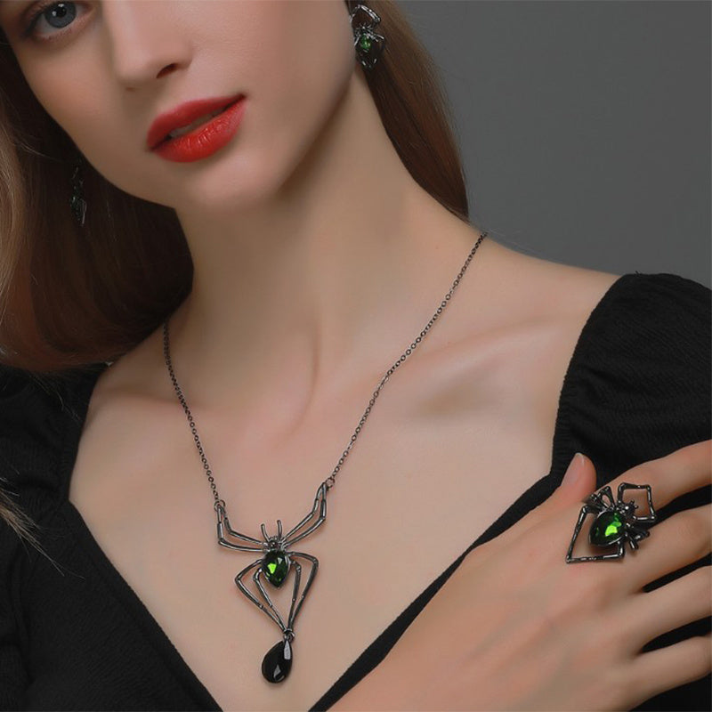 3pcs Halloween Drop-shaped Spider Necklace Set With Earrings Ring Vintage Necklace Pendant