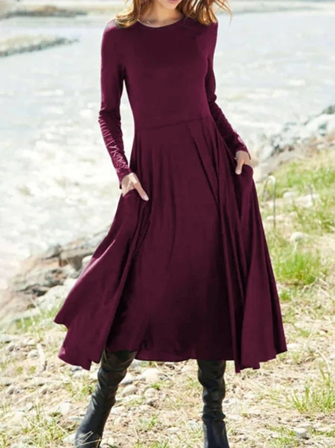 Long Sleeve Round Neck Solid Color Long Women's Clothing Dress