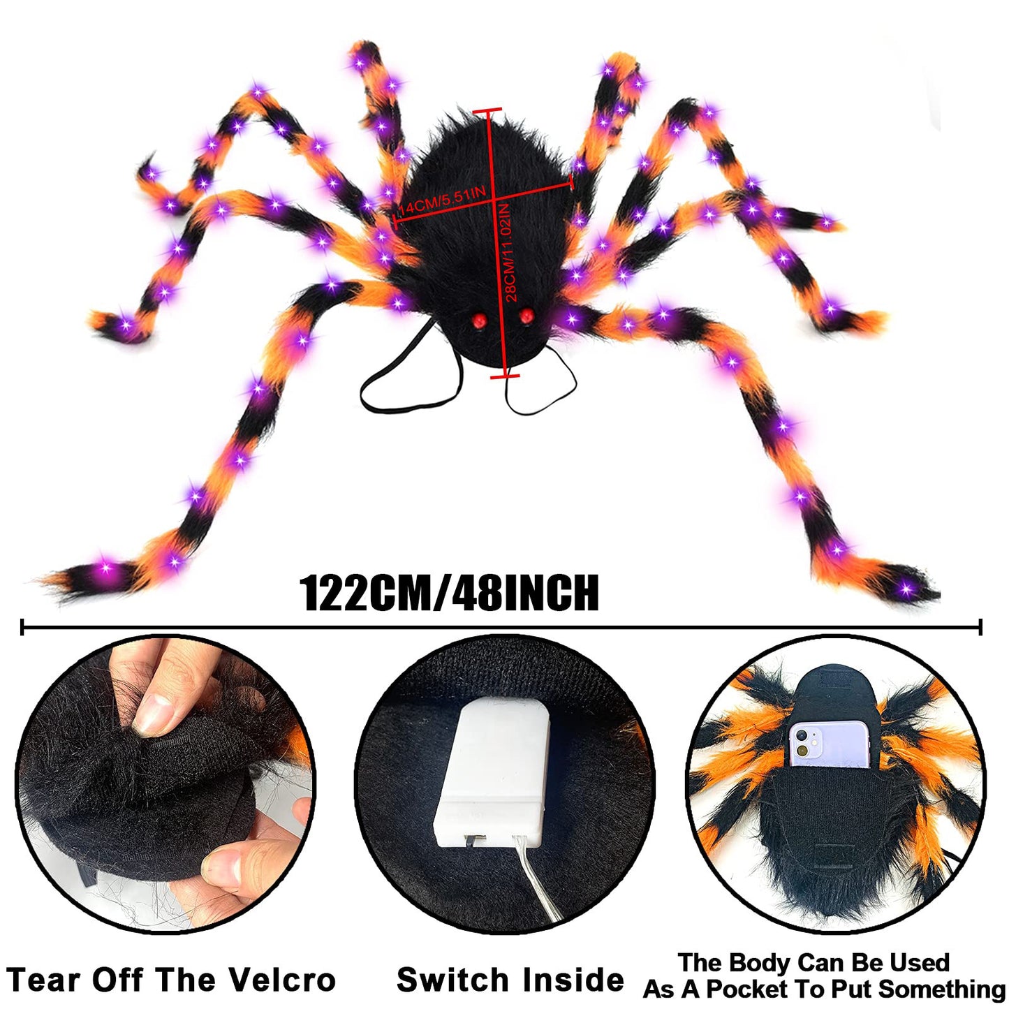 Halloween Spider Backpack Nine LED Modes Plush Sugar Bag