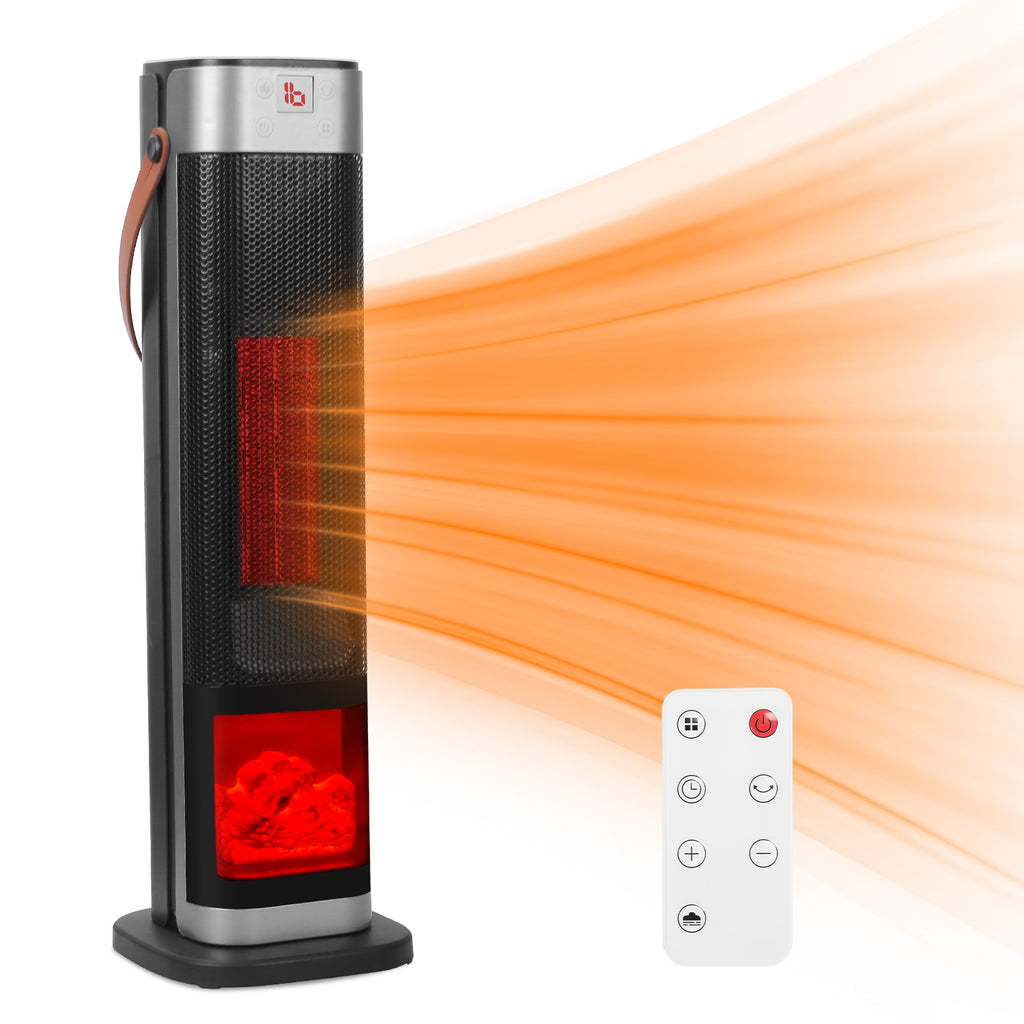 1Pc 1500W Oscillating Ceramic Tower Space Heater With 3D Flame Portable Electric Heater With 3 Wind Mode Heating Remote Control 12H Timer Overheat Tip-Over Protection For Bedroom Office