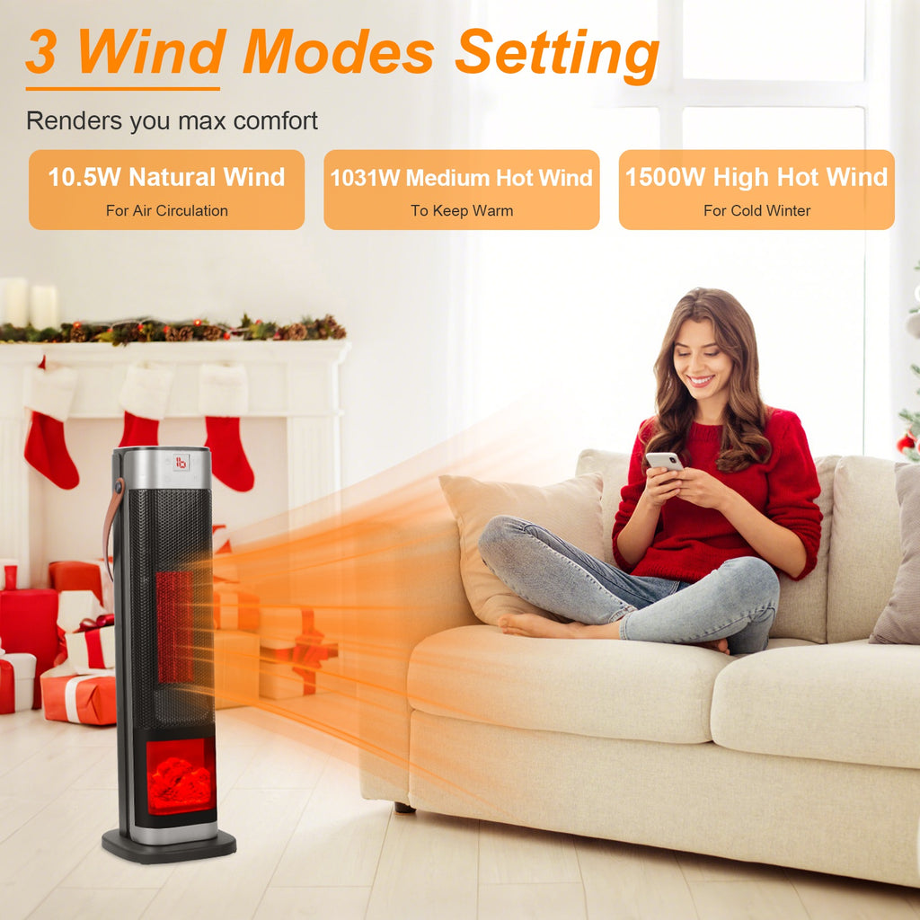 1Pc 1500W Oscillating Ceramic Tower Space Heater With 3D Flame Portable Electric Heater With 3 Wind Mode Heating Remote Control 12H Timer Overheat Tip-Over Protection For Bedroom Office