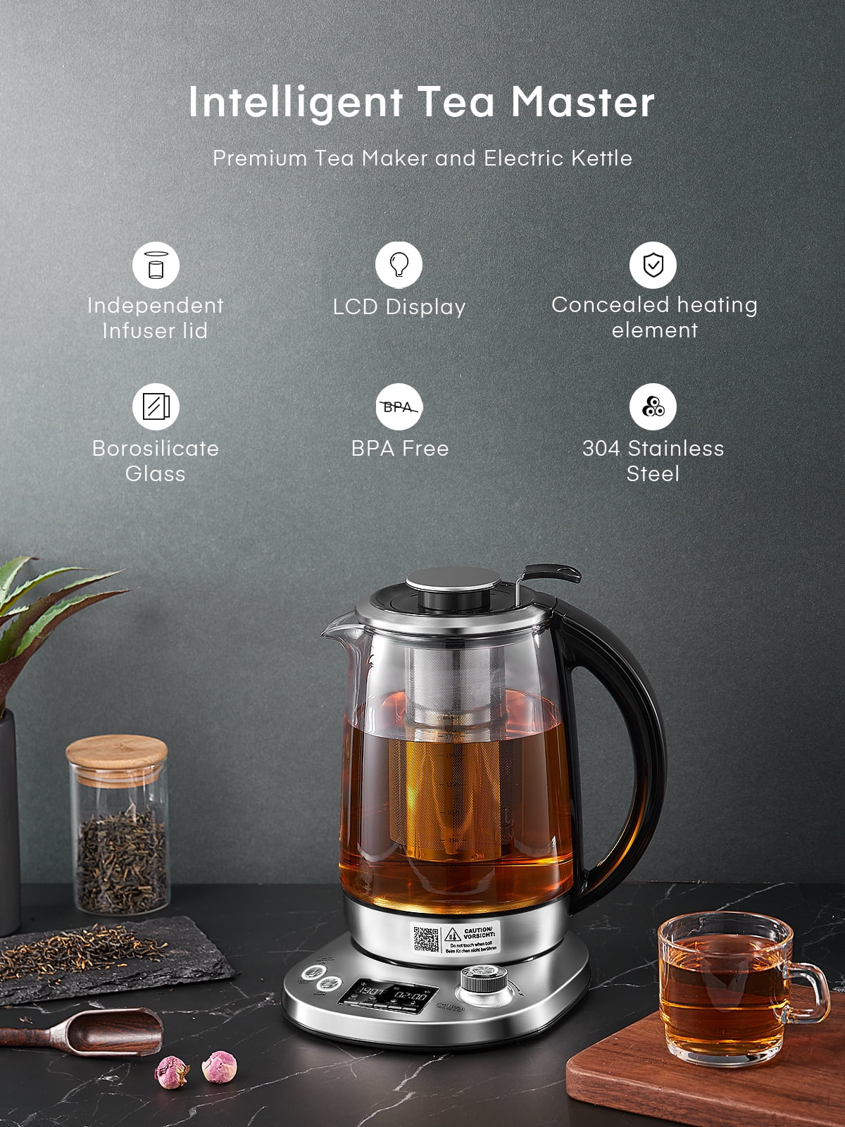 Electric Tea Kettle, Electric Kettle Temperature Control with 9 Presets, 2Hr Keep Warm, Removable Tea Infuser,Silver Stainless Steel Glass Boiler, BPA Free, 1.7L