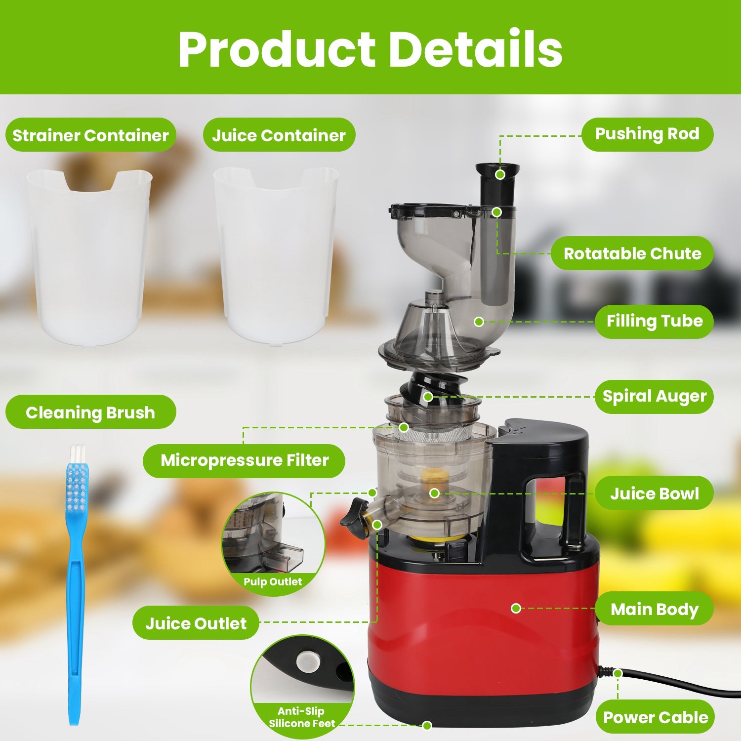 1Pc Cold Press Juicer Machine 300W Electric Slow Masticating Juicer For Whole Vegetable And Fruit With Reverse Function 2 Containers Cleaning Brush Clear Marks Easy Cleaning