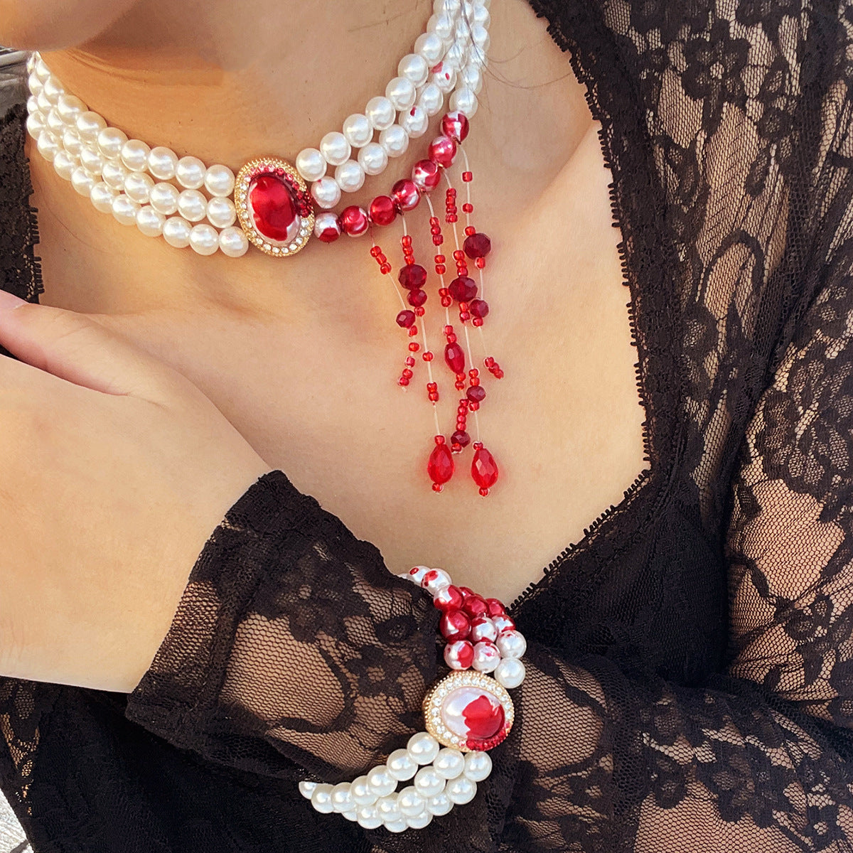 Halloween Blood Drop Tassel Pearl Crystal Necklace