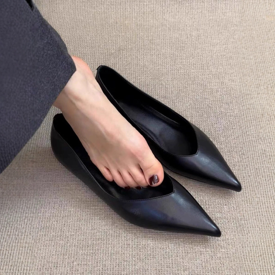 French Minimalist Pointed Toe Height Increasing Insole Flat Bottom Pumps
