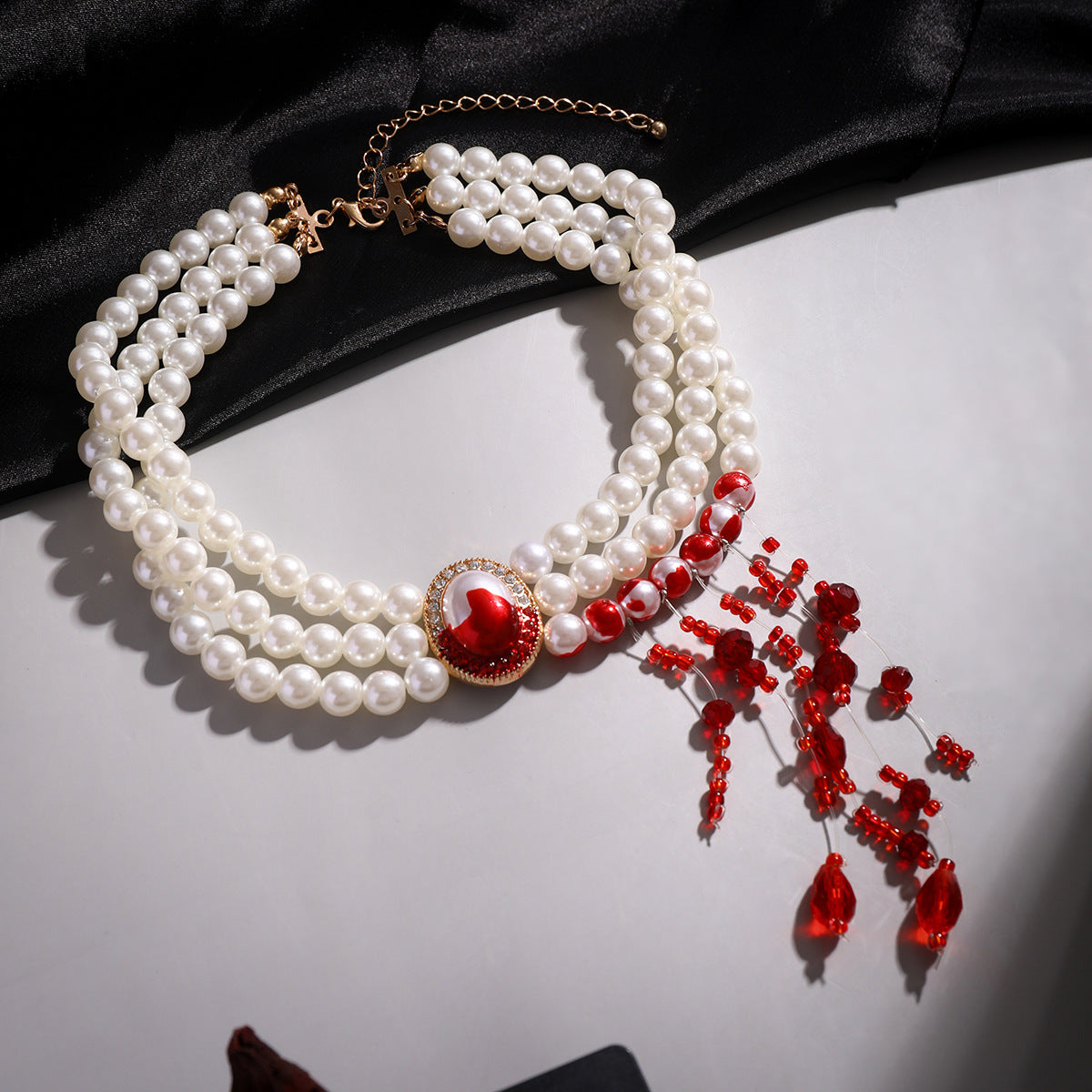 Halloween Blood Drop Tassel Pearl Crystal Necklace