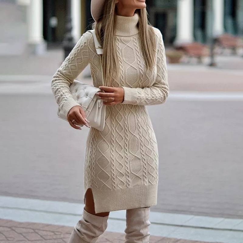Fashion Turtleneck Knitted Dress With Slit