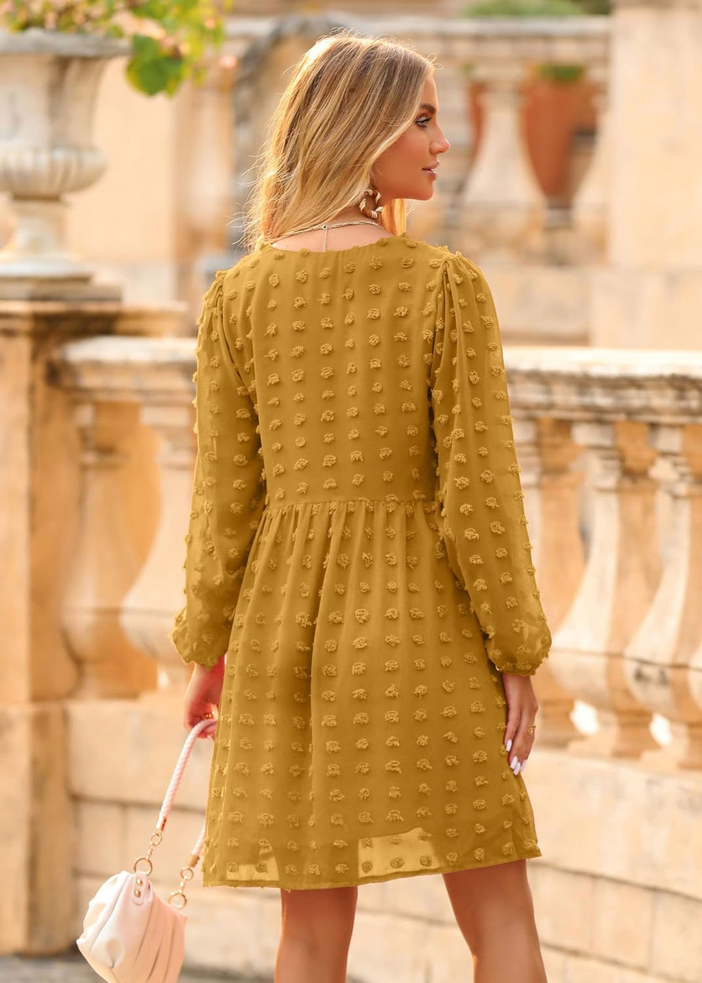 Womens Dresses 2024 Spring Summer Long Sleeve Mini Dress V Neck Flowy Casual Swiss Dot Loose Babydoll Dress