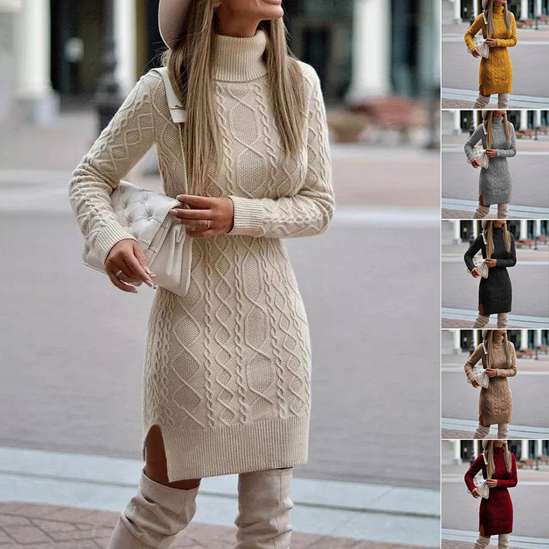 Fashion Turtleneck Knitted Dress With Slit