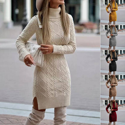 Fashion Turtleneck Knitted Dress With Slit