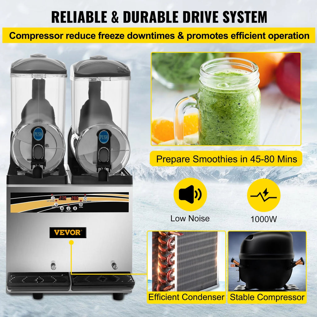 Commercial Slushy Machine, 15L*2Tank 1000W Stainless Steel Margarita Slushie Maker, Silver