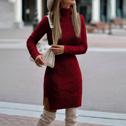 Fashion Turtleneck Knitted Dress With Slit