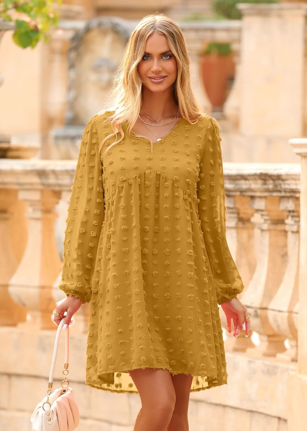 Womens Dresses 2024 Spring Summer Long Sleeve Mini Dress V Neck Flowy Casual Swiss Dot Loose Babydoll Dress
