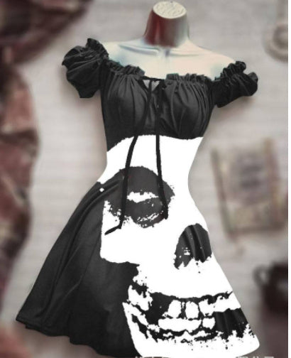 Halloween 3D Skull Print Women's Short Sleeve A- Line Skirt