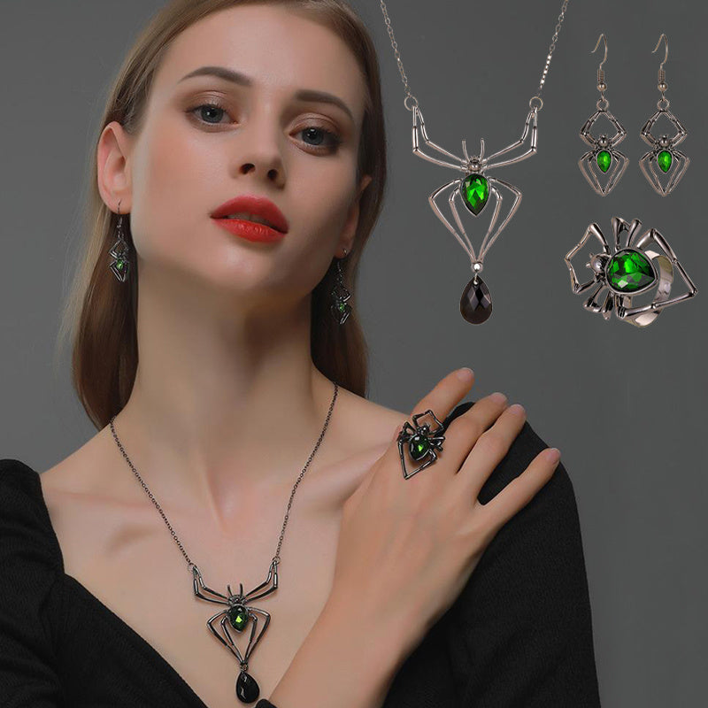 3pcs Halloween Drop-shaped Spider Necklace Set With Earrings Ring Vintage Necklace Pendant