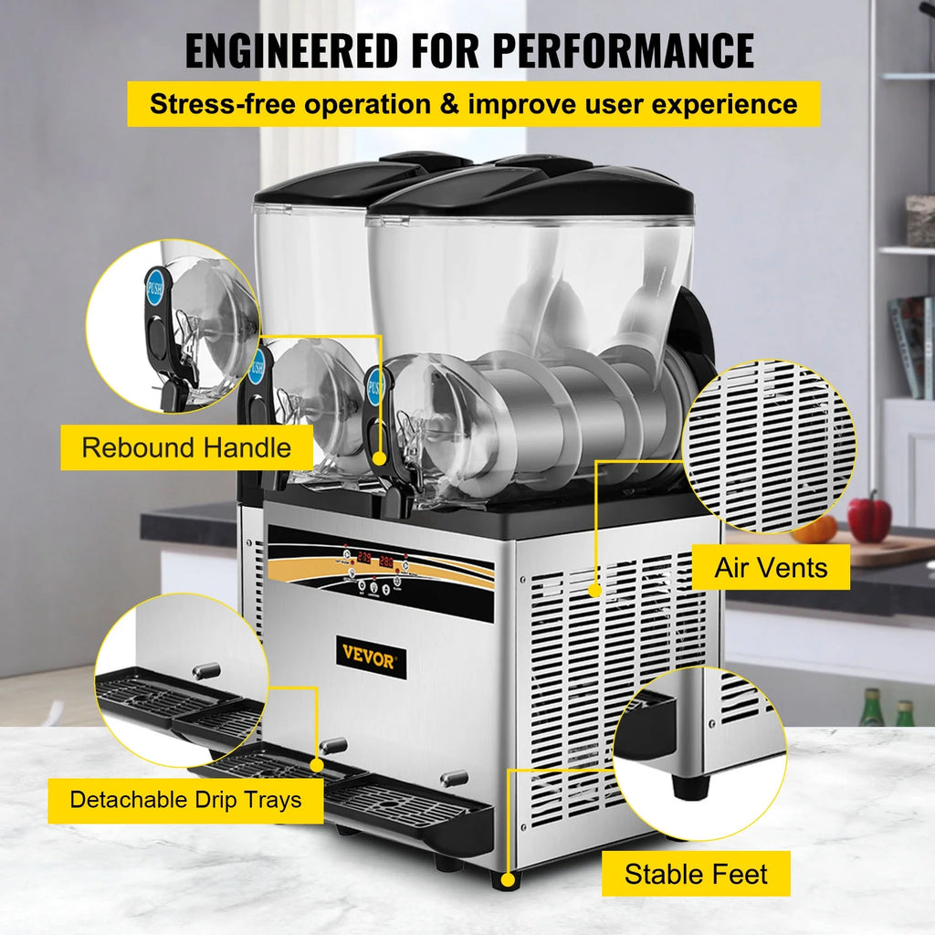 Commercial Slushy Machine, 15L*2Tank 1000W Stainless Steel Margarita Slushie Maker, Silver