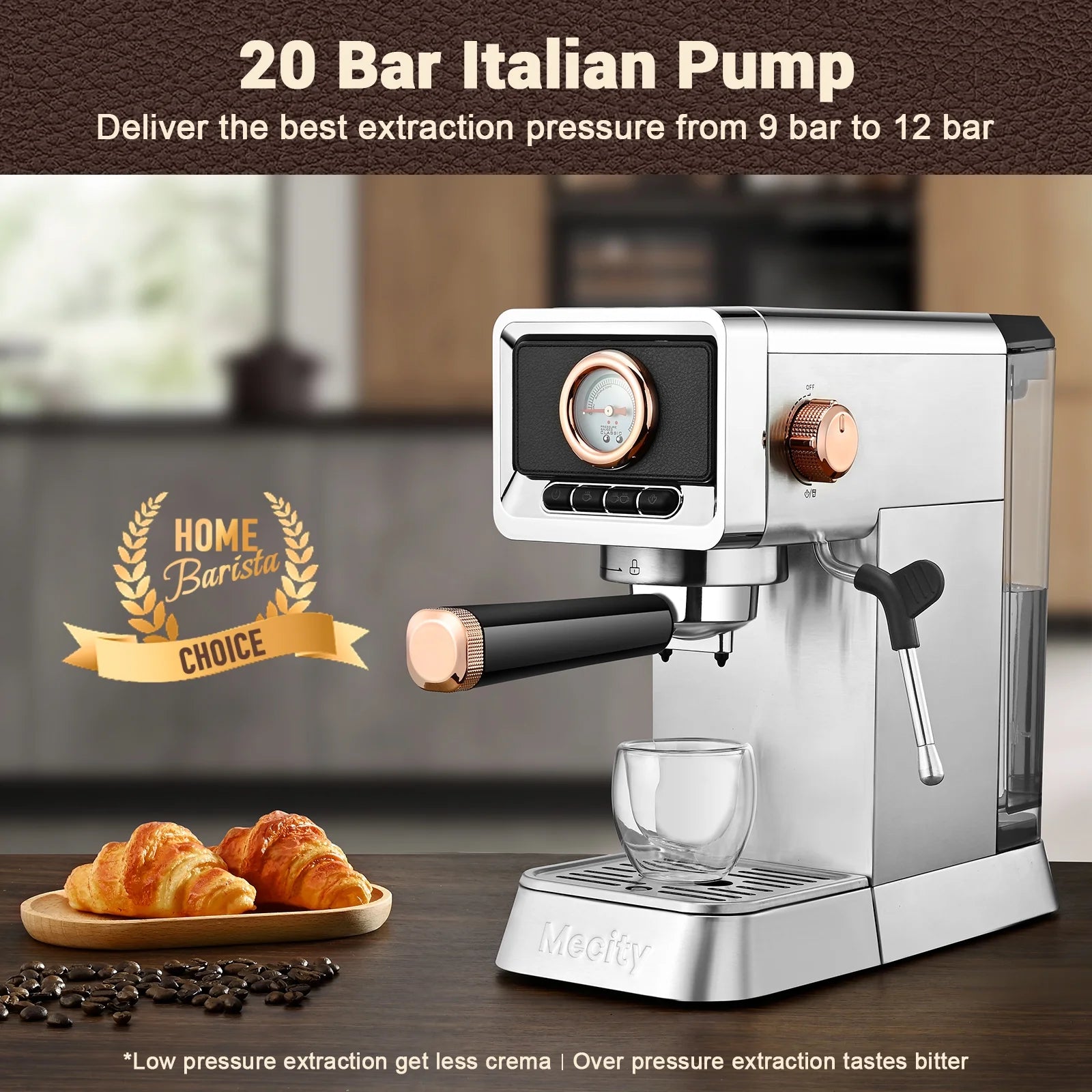 20 Bar Semi-Automatic Espresso Machine with Steam Wand, Brushed Stainless Steel